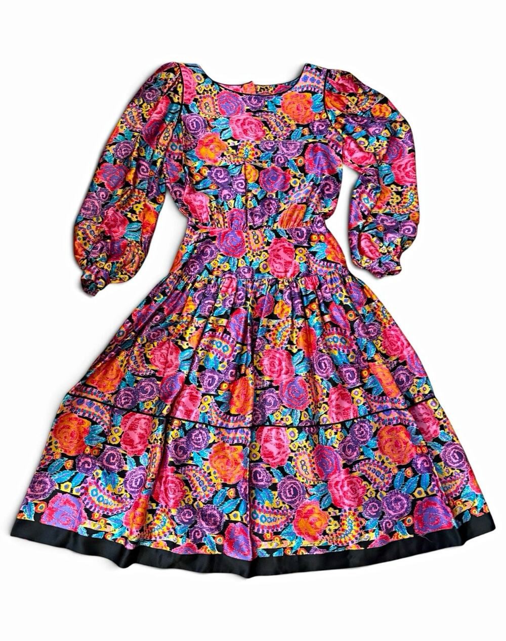 Vintage Maggy London 100% Silk Floral Party Dress w/ Puff Sleeve | Size 8